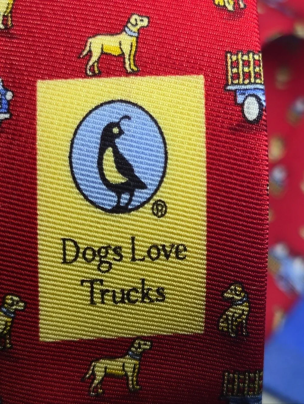 Bird Dog Bay Silk Tie Red Dogs Love Trucks Yellow Labs Blue Pickup Trucks USA
